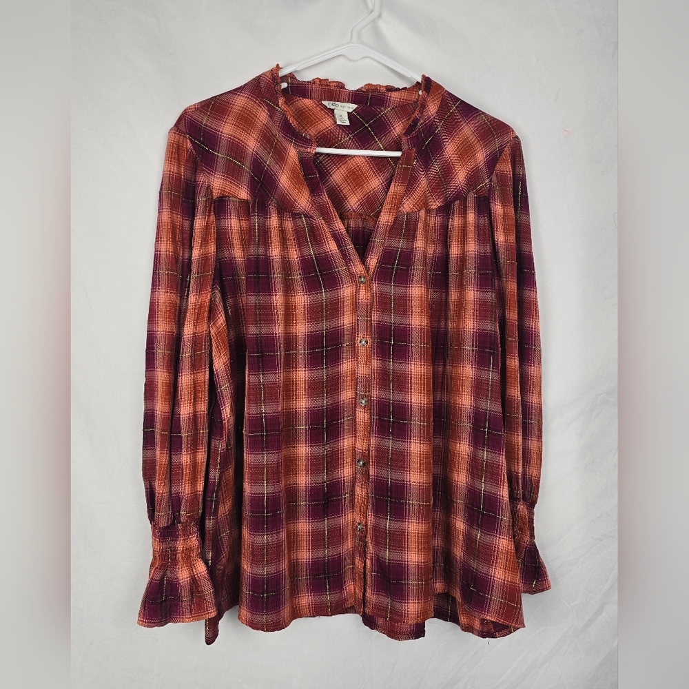 Cato Glittery Plaid Cottagecore Rodeo Cowgirl Long Sleeve Top sz XL